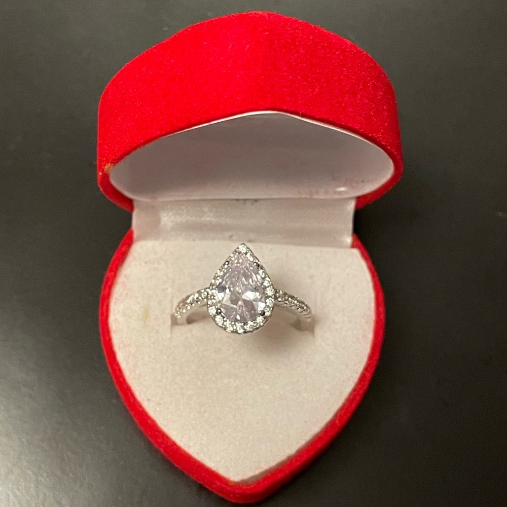 White Sapphire Teardrop 925 Sterling Silver  Engagement Ring w Heart Gift Box!